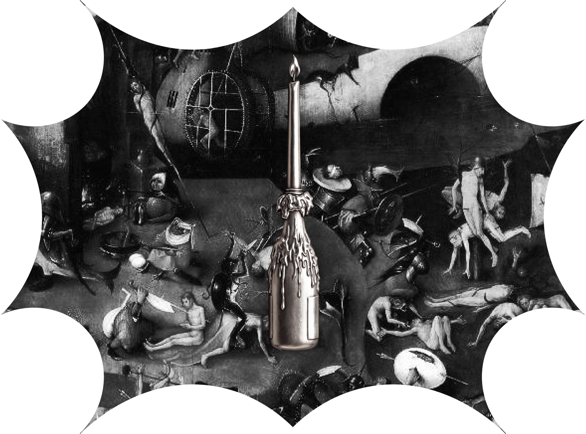 Silver candle bottle in front of a Bosch painting